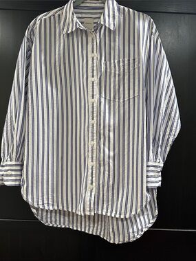 Maeve White Button-Down Shirt with Blue Vertical Stripes